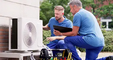 Two hvac technicians assessing unit with clipboard and toolkit nearby